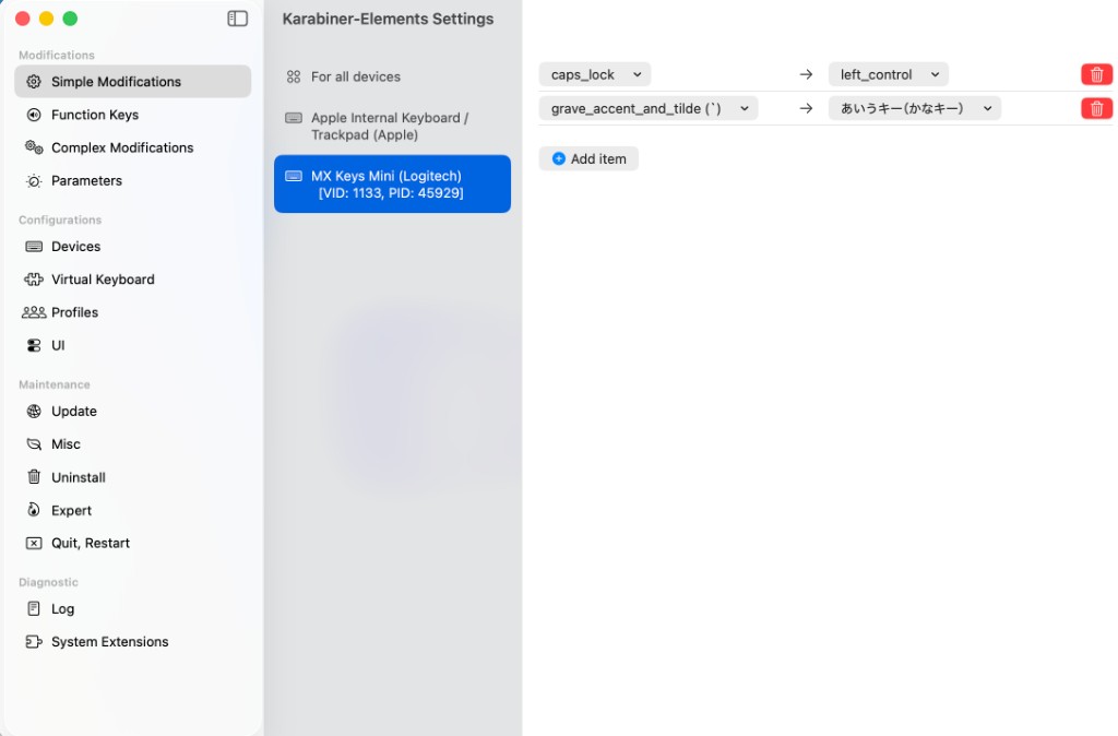 Karabiner-Elements の Simple Modifications 画面。MX Keys Mini が選択され、caps_lock が left_control に、grave_accent_and_tilde がかなキーにマッピングされている。