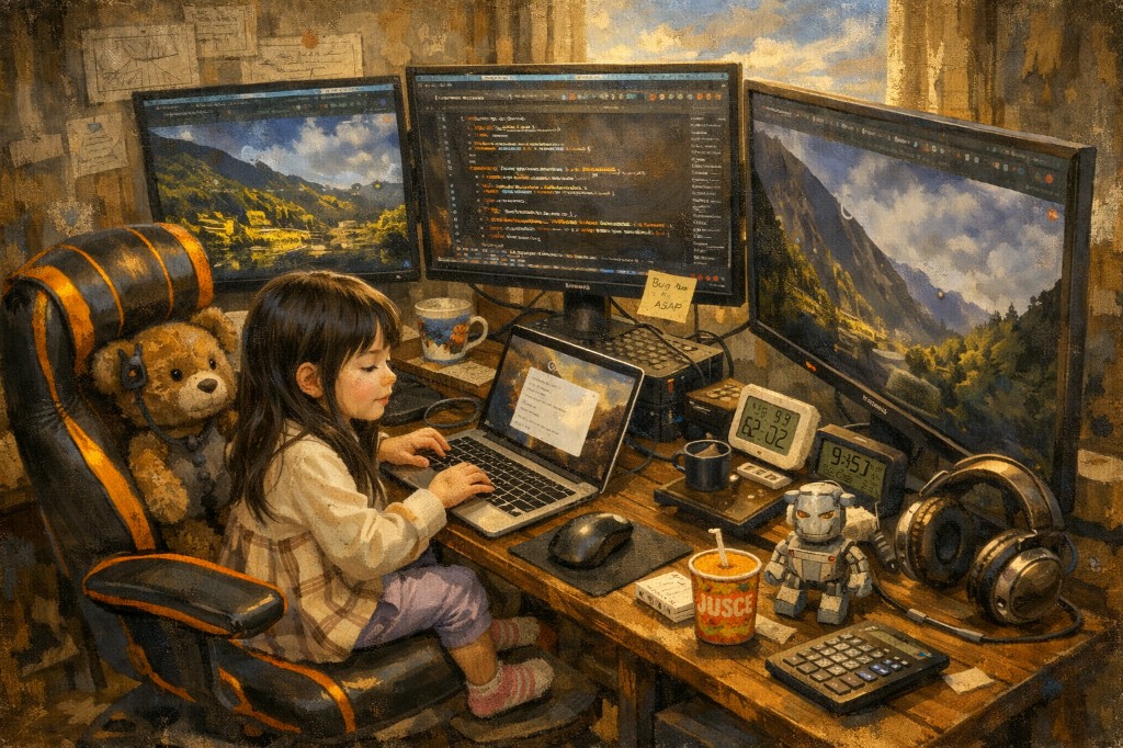 子どもが私のデスクで遊ぶ様子を、AIで風景画風にしたイラスト